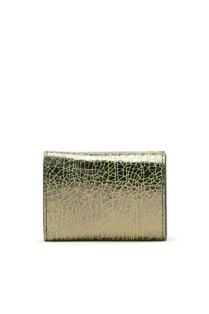 Gold crocodile-textured leather wallet with back panel and embossed design