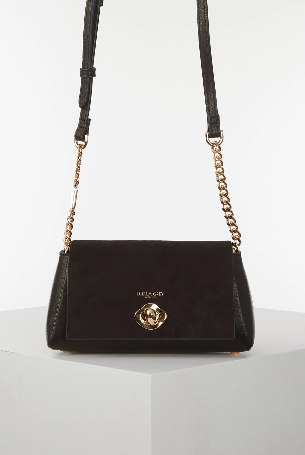 Black Luella Grey shoulder handbag with chain straps and gold logo clasp