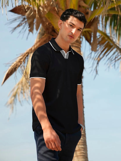 Black cotton polo shirt with striped collar, short sleeves