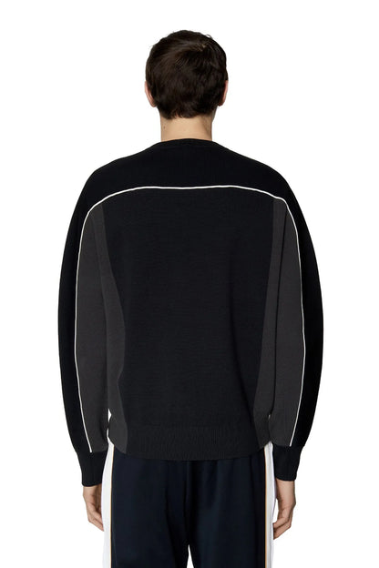 Diesel crewneck sweater back, black with white stripe line spanning shoulders