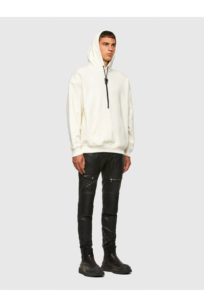 White hoodie full-body view with drawstring hood and front pouch pocket