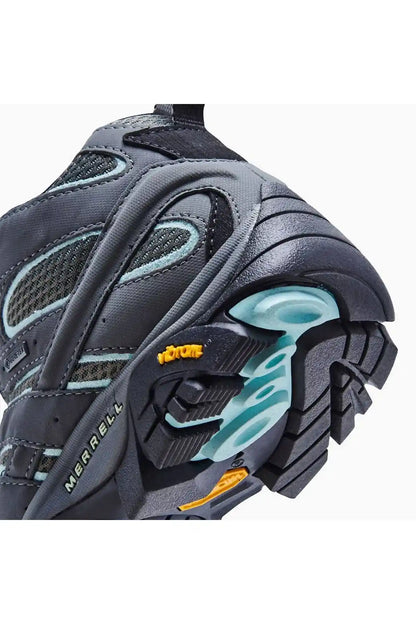 Merrell hiking shoe close-up of side and toe, dark gray panels with teal trim