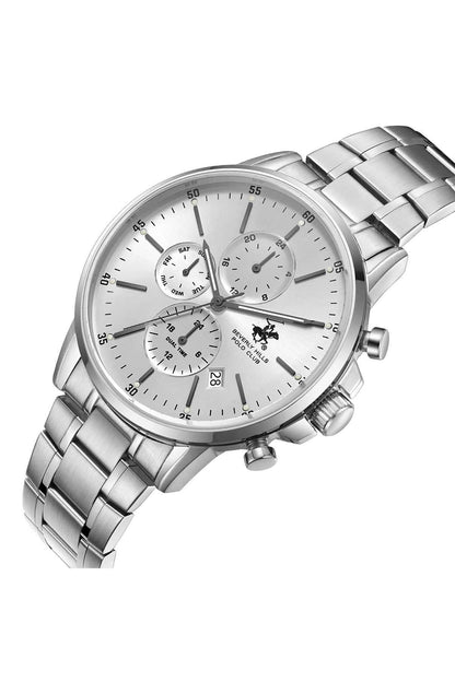 BHPC silver-tone chronograph wristwatch, white dial, metal bracelet, crown at 3 o'clock