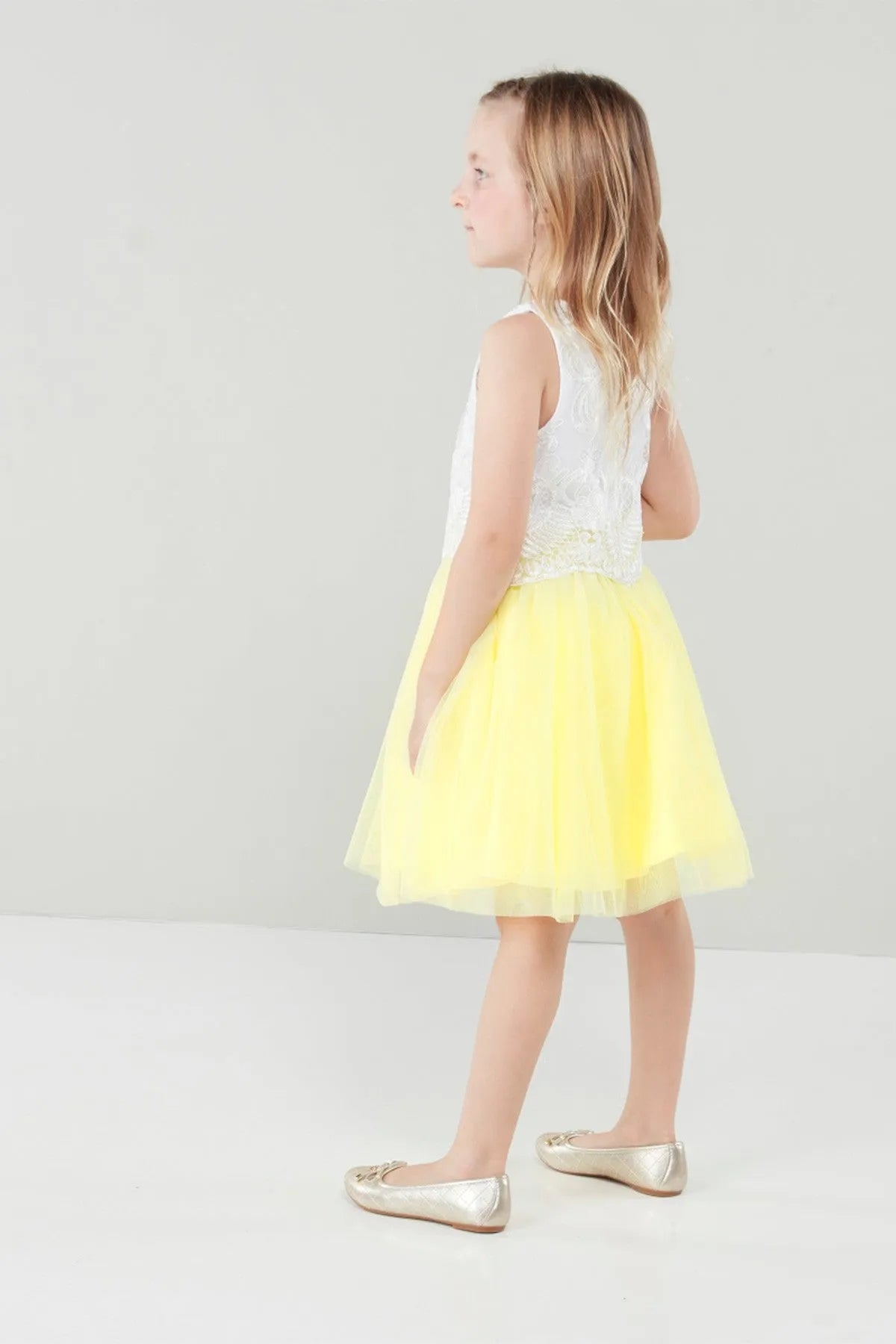 Babyshop yellow sleeveless dress, lace top with layered tulle skirt