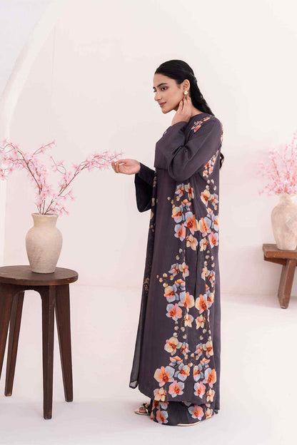 Dark long dress with floral print side panels and open-front overlay