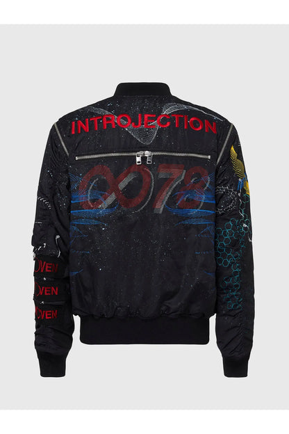 Black bomber jacket back with 'INTROJECTION' text and abstract graphics