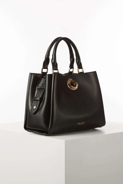 Black tote-style handbag with top handles and gold clasp front detail