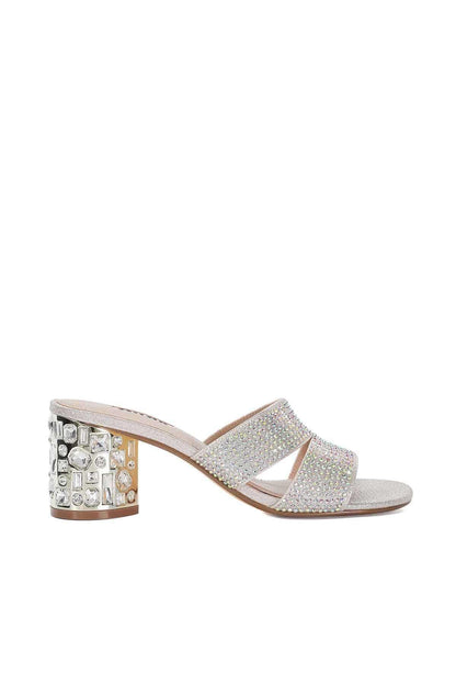 Rhinestone slide sandal with gemlike block heel and wide cross strap