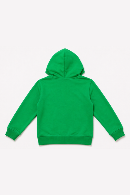 Green kids hoodie with attached hood and long sleeves, plain back