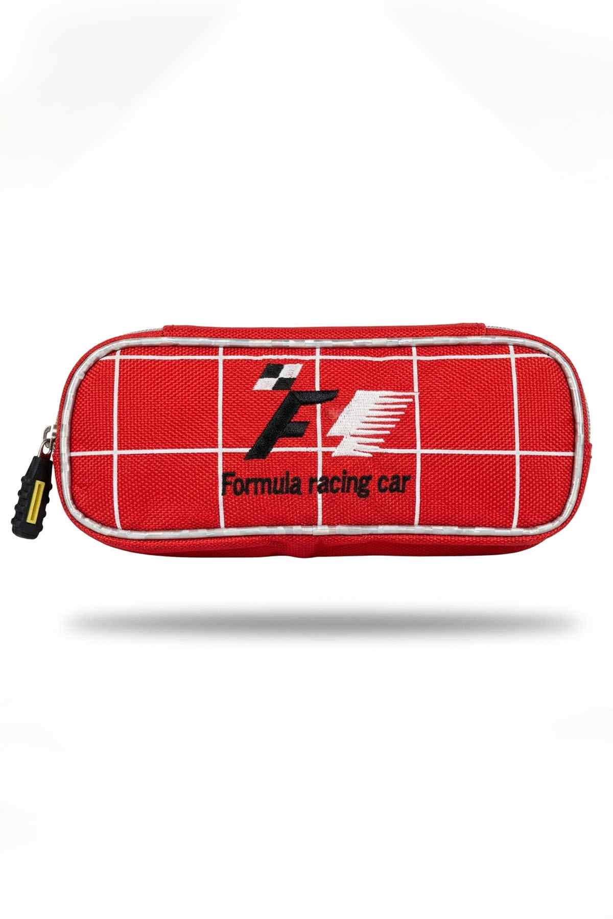 Red grid racing car pencil case with zipper and keychain loop on side