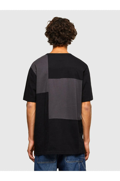Diesel men's black graphic T-shirt, back view with two-tone panel sections