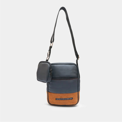 Crossbody bag with adjustable strap, black top and tan bottom, front mini pouch