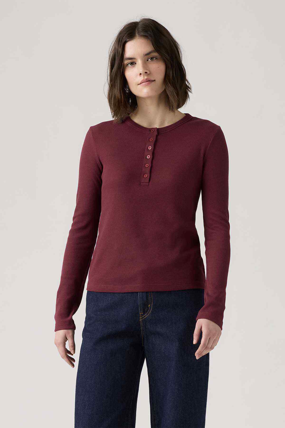 Levi's burgundy long-sleeve henley top with button placket