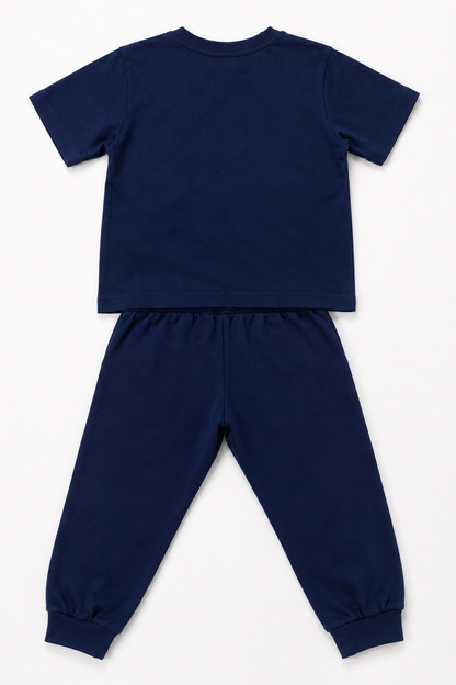 Navy short-sleeve T-shirt and jogger pants set with elastic cuffs