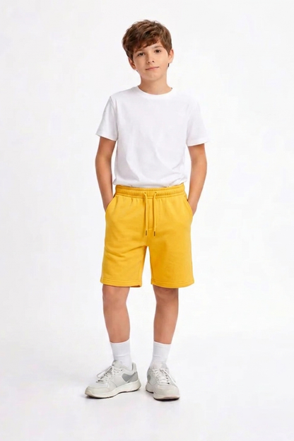 Kids yellow pull-on shorts with drawstring waist and knee-length fit