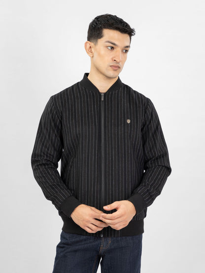 Brumano black vertical-striped zip jacket with stand collar and ribbed cuffs