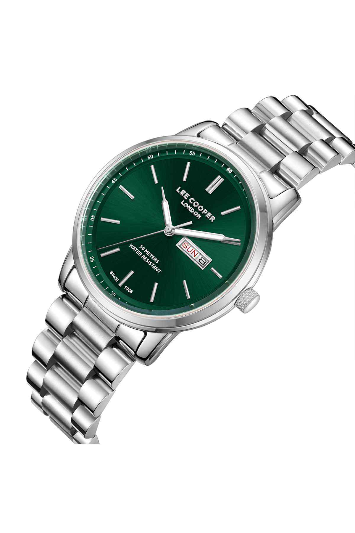 Silver metal wristwatch with green dial and crown at 3 o'clock, date window