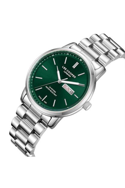 Silver metal wristwatch with green dial and crown at 3 o'clock, date window