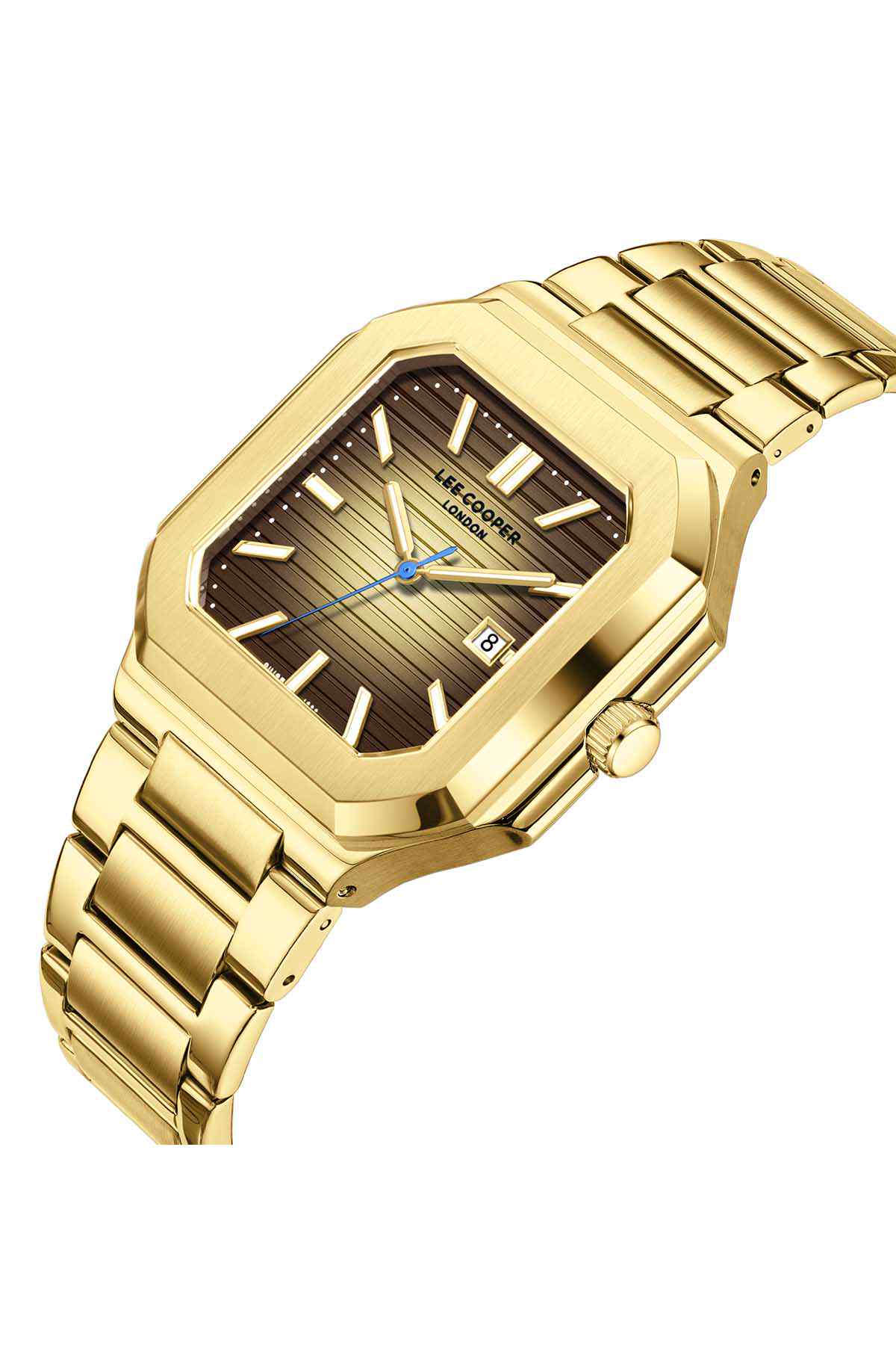 Gold wristwatch angled view, dark dial with baton markers and date window