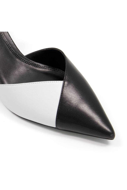 Two-tone pointed toe slingback heel, black and white upper detail