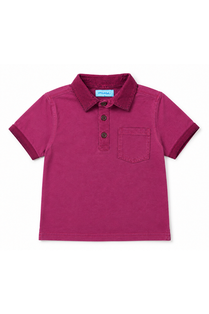 Magenta polo shirt with collar, button placket, and chest pocket detail