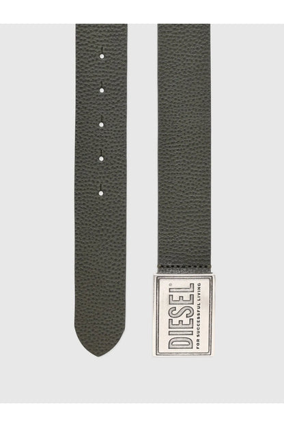 Diesel leather belt with metal end plate and length adjustment holes, dark brown