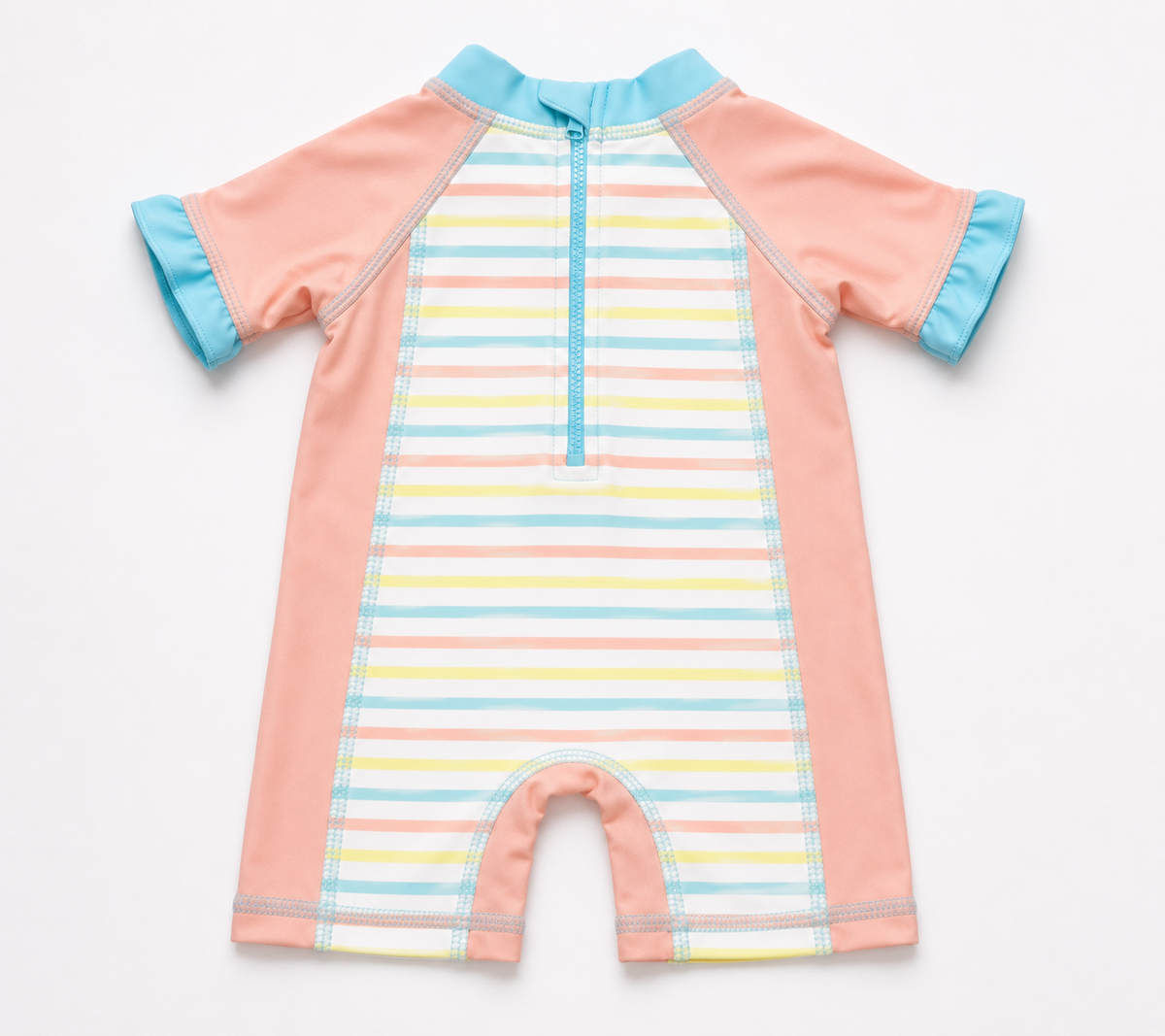 Pink zip-up swim romper back view, blue cap sleeves, rainbow stripe panel