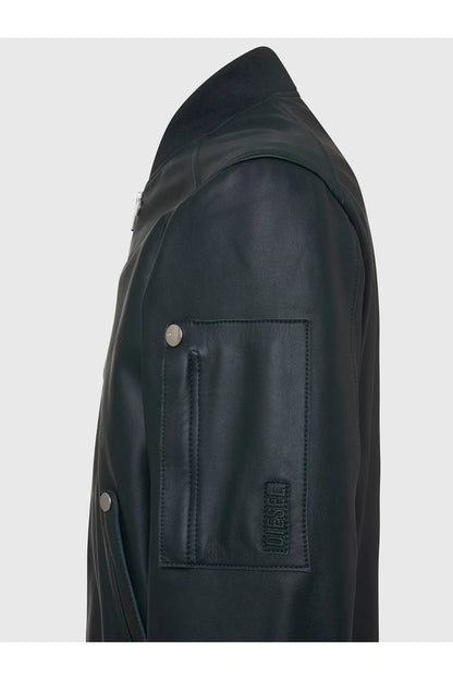 Dark green leather bomber jacket side view with snap button pocket detail
