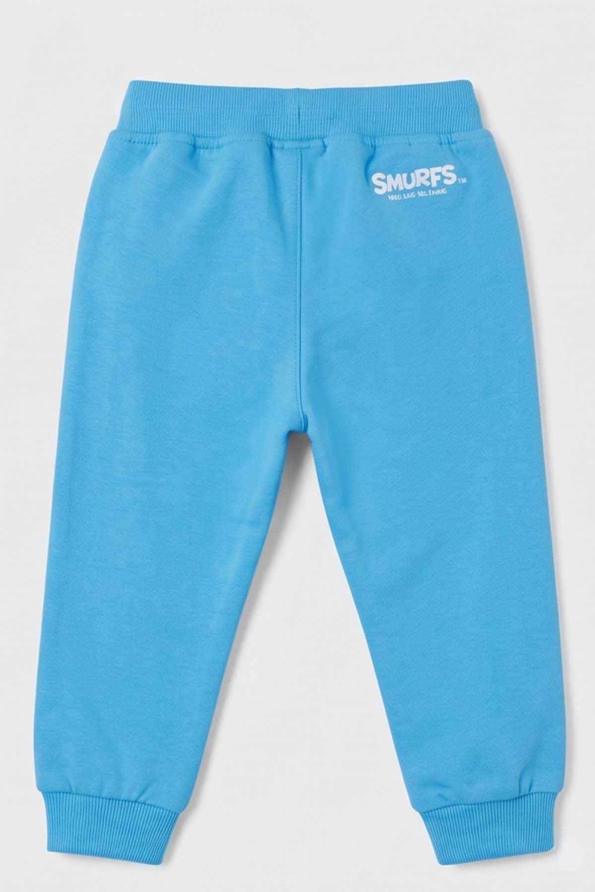 Blue baby jogger pants with Smurfs print on upper leg