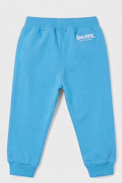 Blue baby jogger pants with Smurfs print on upper leg