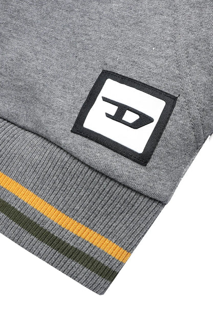 Grey hoodie cuff with multicolor striped ribbed hem and Diesel logo patch
