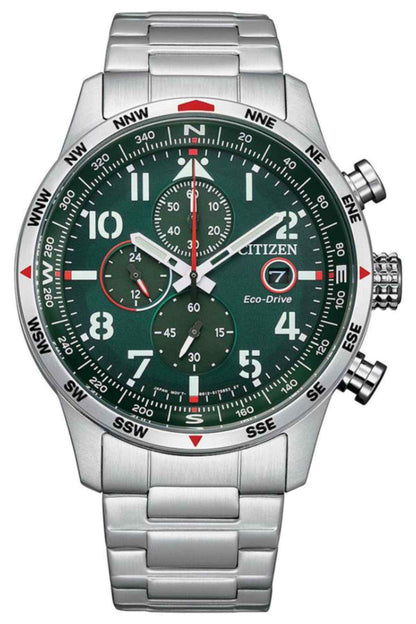 CITIZEN silver metal chronograph watch with green dial, three subdials, pushers