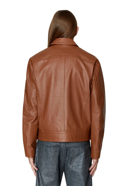Diesel brown leather jacket back view, zip-up style with yoke seam