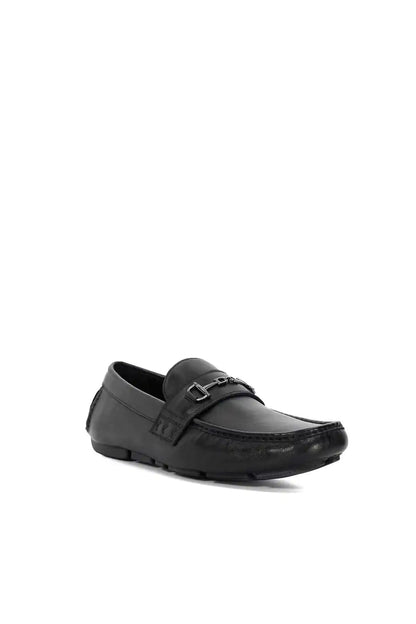 Black leather loafer with buckle strap and cushioned outsole