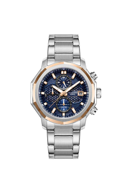 Silver stainless steel watch with blue dial, three subdials and date window