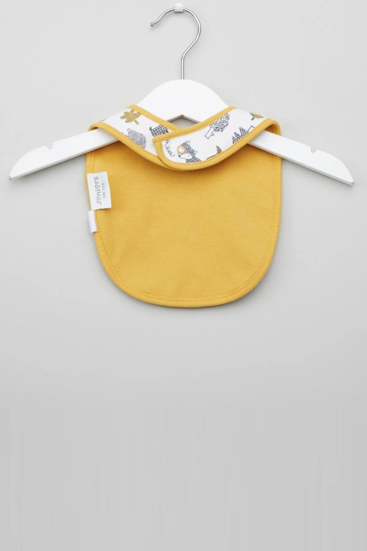 Baby bib with yellow front and white printed neck band