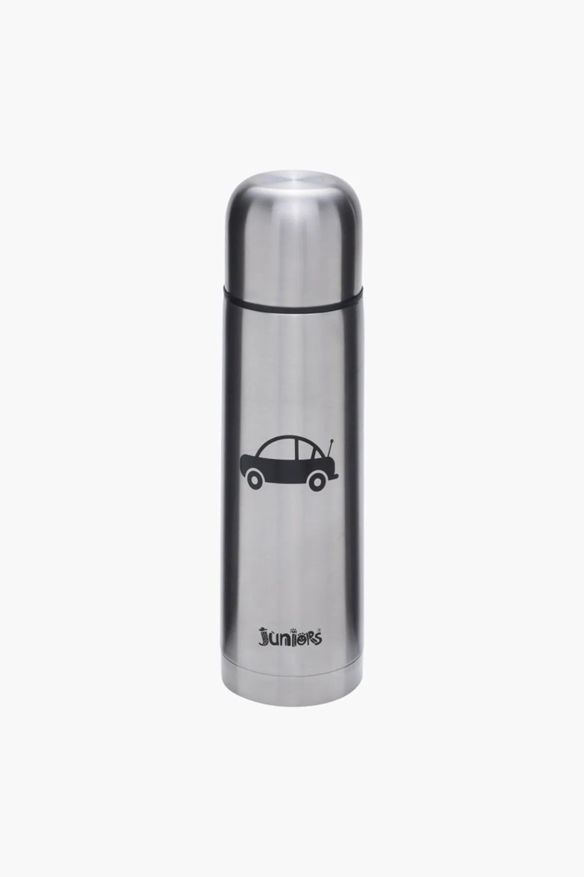 Stainless steel kids bottle with car graphic, black lid and screw top