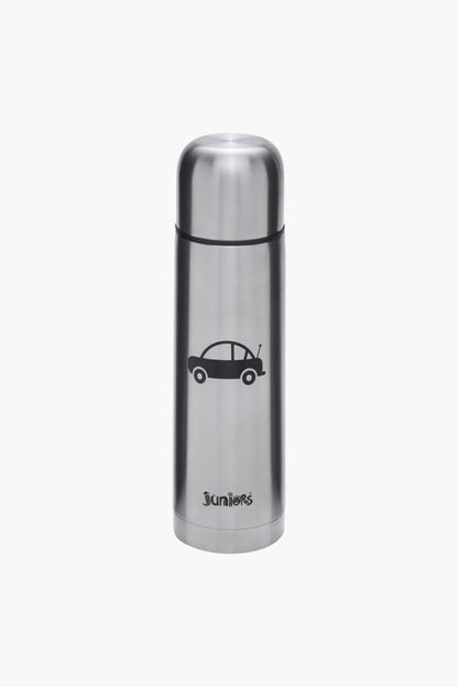 Stainless steel kids bottle with car graphic, black lid and screw top
