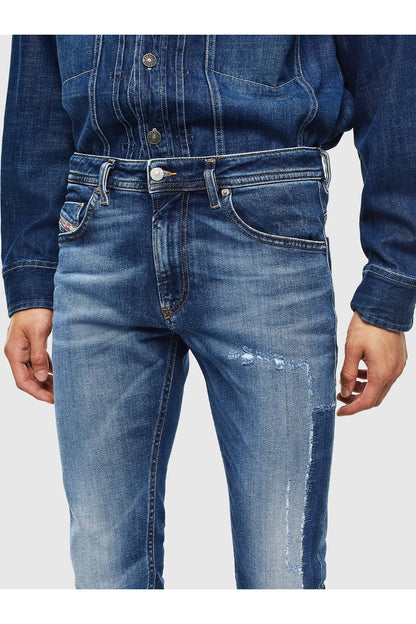 Blue denim jeans front view with belt loops, zip fly, and distressed front