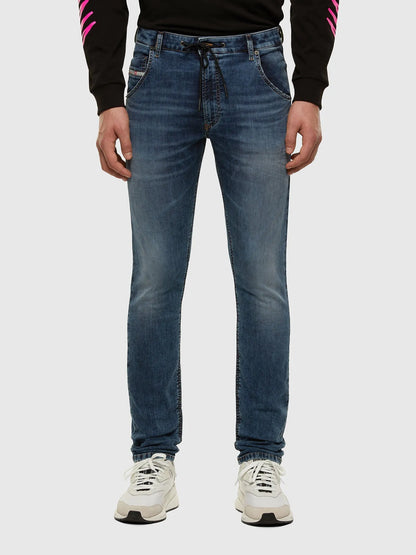 Blue denim jeans with straight legs, belt loops, and drawstring waist