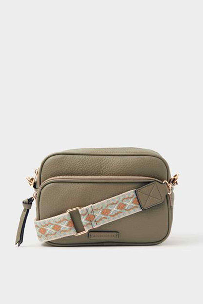 Khaki faux-leather crossbody bag with zip top and detachable strap