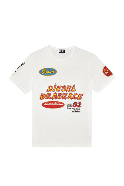 White Diesel graphic T-shirt with bold front race-style print and logo badge