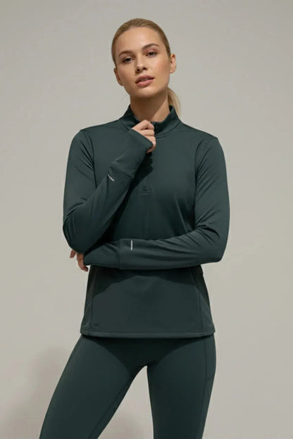 Dark teal zip-up athletic jacket with stand collar and long sleeves, front view