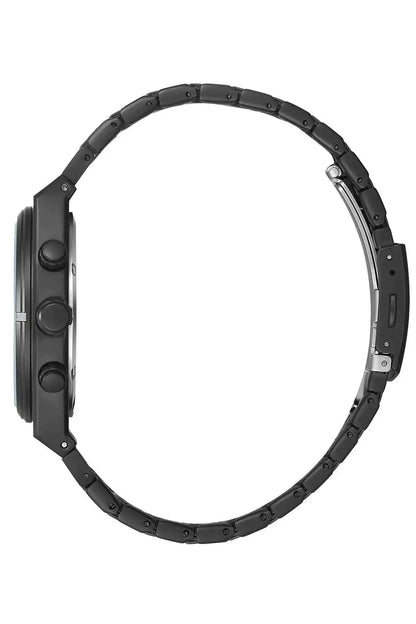 BHPC black wristwatch with black link bracelet, side profile with pushers