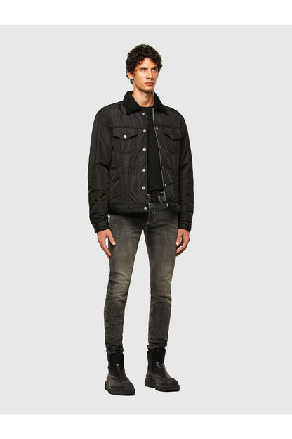 Diesel black jacket with snap front, full-body side view.