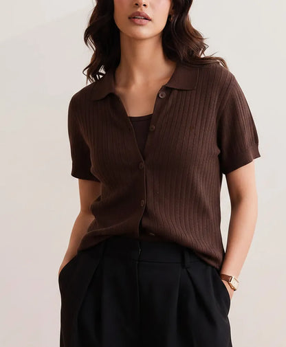 Brown ribbed knit polo shirt, short sleeves, button-front with collar