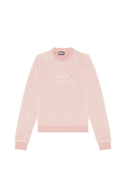 Pink crewneck sweatshirt flat lay with long sleeves and ribbed cuffs