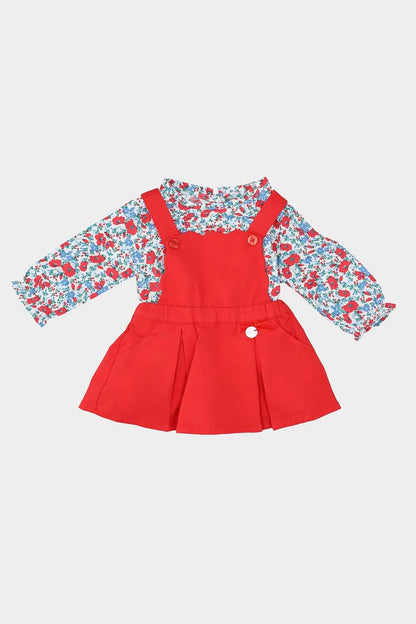 Red pinafore dress with floral long sleeves, button-front and gathered skirt