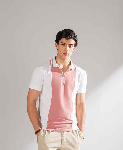 Men's fitted polo shirt with light pink front and white sleeves, short button placket