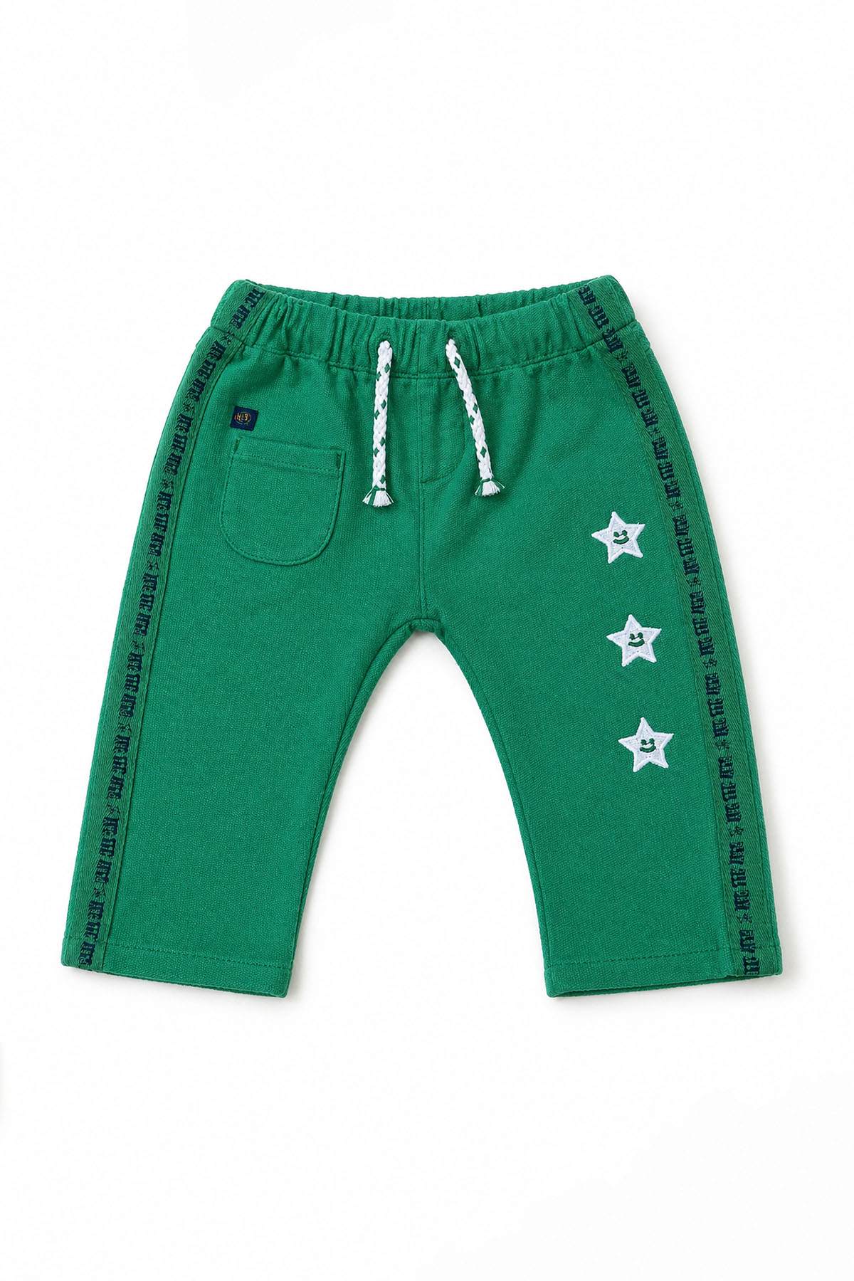 Green baby jogger pants with stars and white drawstring